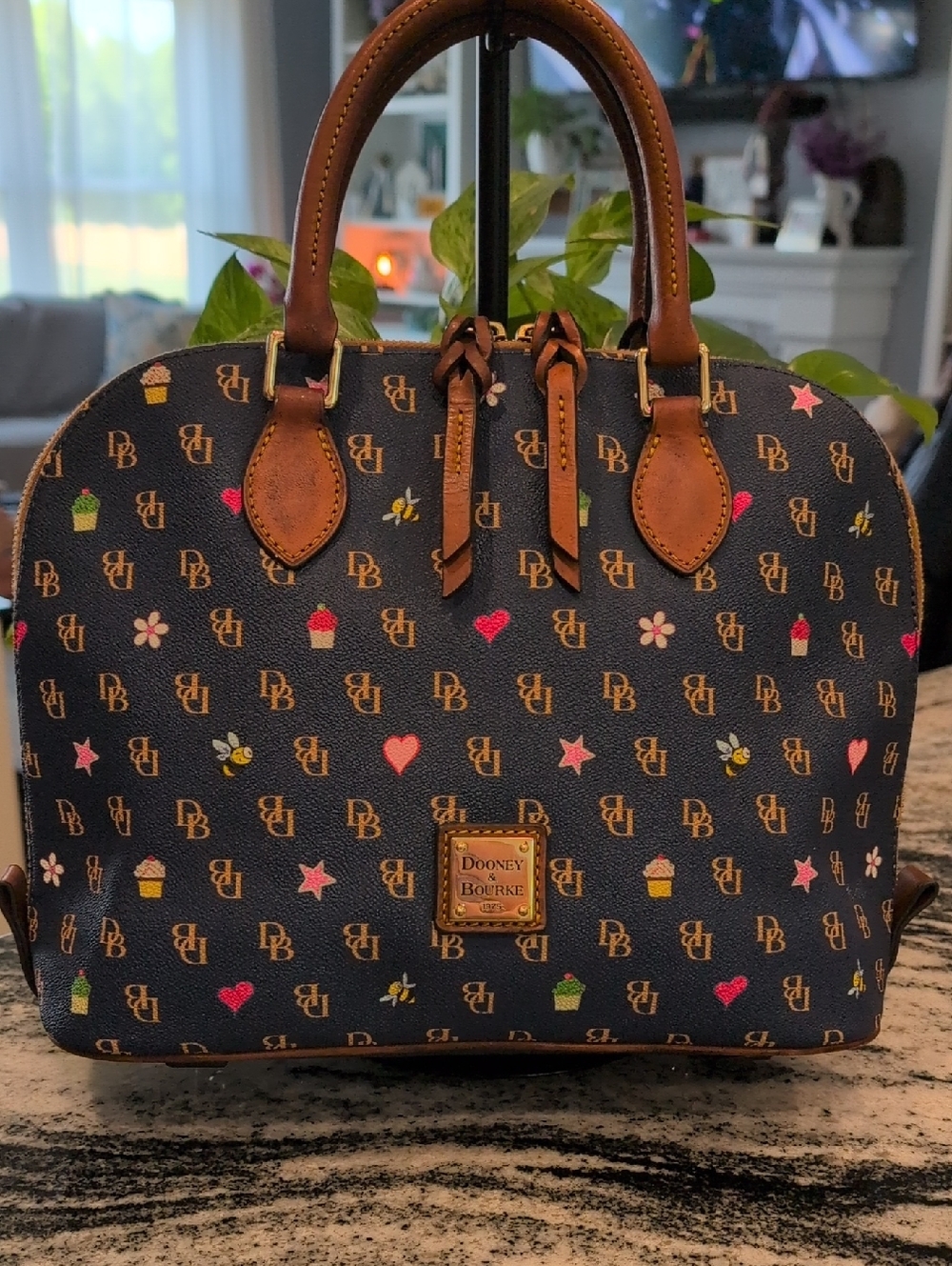 Dooney & Bourke Navy Satchel with Multicolor Bees, Hearts & Ice Cream Print